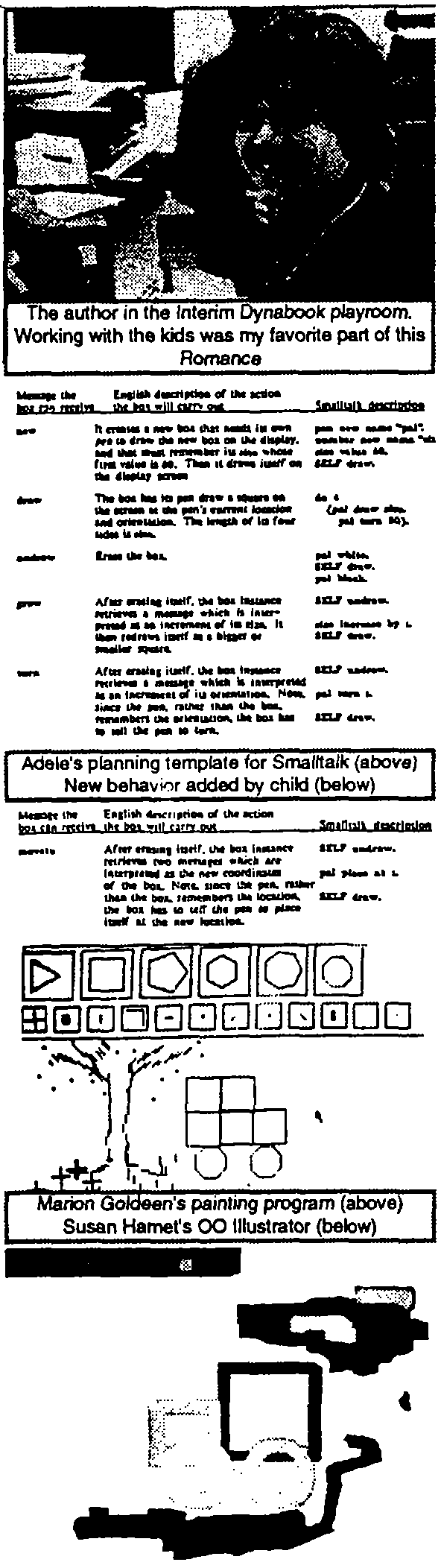 The author in the interim Dynabook playroom, Adele's planning template for Smalltalk (above) New behavior added by child (below), Marion Goldeen's painting program (above) Susan Hamel's OO Illustrator (below)