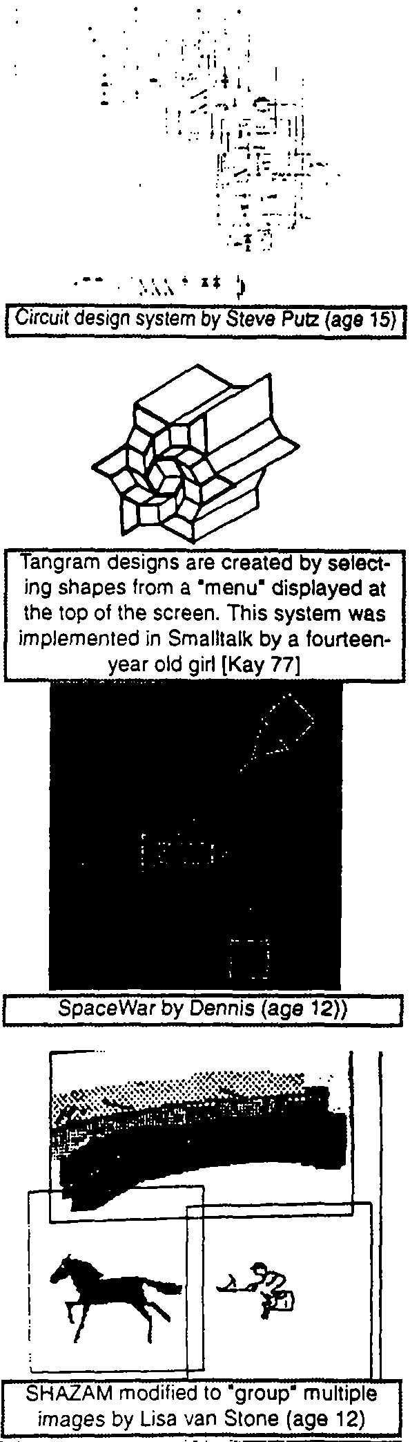 Circuit system by Steve Putz (age 15), Tangram designs are created by selecting shapes from a 'menu' displayed at the top of the screen. This system was implemented in Smalltak by a fourteen year old girl [Kay 77]