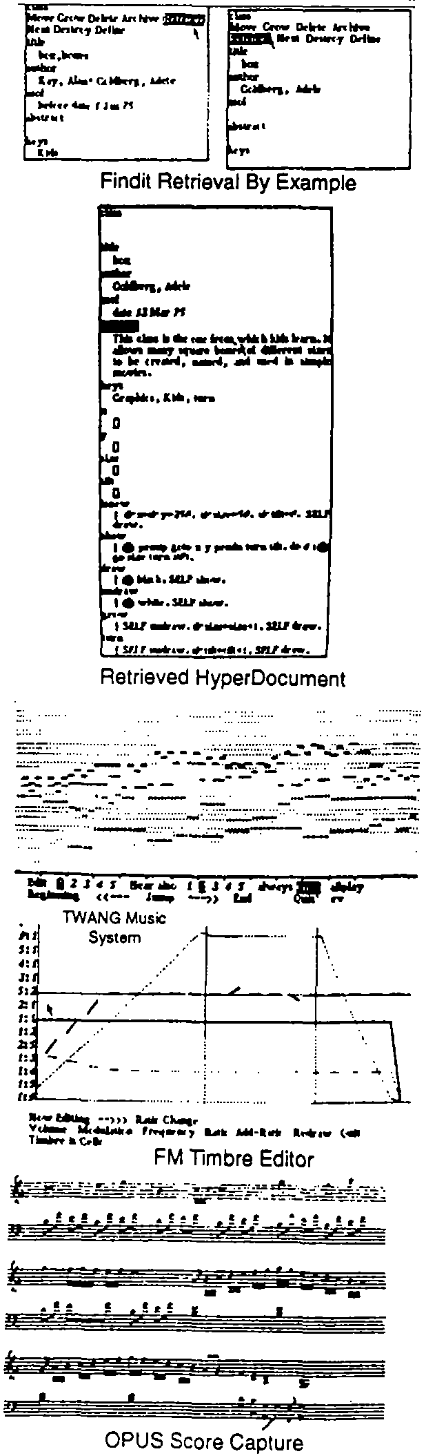 Findit Retrieval By Example, Retrieved HyperDocument, FM Timbre Editor, OPUS Score Capture